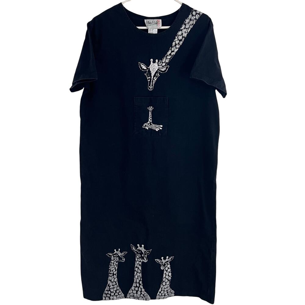 Olivia Rose Vintage 1990s Y2K Black Short Sleeve Giraffe MIDI Shirt Dress Sz 18P